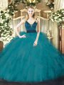 Straps Sleeveless Tulle Ball Gown Prom Dress Beading and Ruffles Zipper