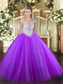 Traditional Floor Length Zipper 15 Quinceanera Dress Eggplant Purple for Military Ball and Sweet 16 and Quinceanera with Beading