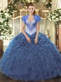 Custom Made Ball Gowns Sweet 16 Dresses Navy Blue Sweetheart Organza Sleeveless Floor Length Lace Up