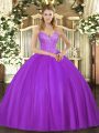 Beading Quince Ball Gowns Eggplant Purple Lace Up Sleeveless Floor Length