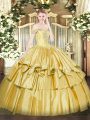 Pretty Gold Lace Up Off The Shoulder Beading and Ruffled Layers Sweet 16 Dresses Organza and Taffeta Sleeveless