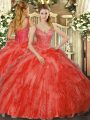 Stylish Red Sleeveless Tulle Lace Up Quinceanera Gowns for Military Ball and Sweet 16 and Quinceanera