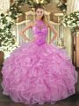 Sleeveless Floor Length Beading and Embroidery and Ruffles Lace Up Sweet 16 Quinceanera Dress with Lilac