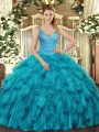 Pretty Teal Sleeveless Organza Lace Up Sweet 16 Dress for Military Ball and Sweet 16 and Quinceanera