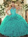 Floor Length Turquoise Sweet 16 Quinceanera Dress Halter Top Sleeveless Lace Up