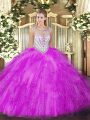 Fuchsia Zipper Scoop Beading and Ruffles Quince Ball Gowns Tulle Sleeveless