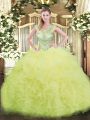 Sumptuous Yellow Green Ball Gowns Scoop Sleeveless Organza Floor Length Lace Up Beading and Ruffles and Pick Ups Quince Ball Gowns