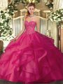 Sleeveless Tulle Floor Length Lace Up Quinceanera Gown in Hot Pink with Beading and Ruffles