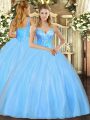 Ball Gowns 15 Quinceanera Dress Aqua Blue V-neck Tulle Sleeveless Floor Length Lace Up