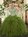 Custom Fit Sleeveless Floor Length Beading Lace Up Quinceanera Gowns with Olive Green