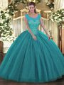 Clearance Ball Gowns Ball Gown Prom Dress Teal Scoop Tulle and Sequined Sleeveless Floor Length Backless