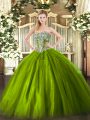 Inexpensive Olive Green Sleeveless Floor Length Beading Lace Up Quinceanera Gown
