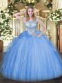 Blue Scoop Lace Up Beading Quinceanera Gown Sleeveless