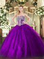 Fashion Purple Ball Gowns Tulle Strapless Sleeveless Beading Floor Length Lace Up 15 Quinceanera Dress
