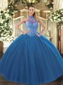 Fantastic Sleeveless Floor Length Beading and Embroidery Lace Up Quince Ball Gowns with Navy Blue