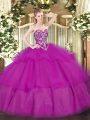 Fuchsia Sweetheart Neckline Beading and Ruffled Layers Vestidos de Quinceanera Sleeveless Lace Up