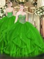 Simple Green Tulle Lace Up Quince Ball Gowns Sleeveless Floor Length Beading and Ruffles