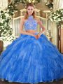 Nice Teal Sleeveless Floor Length Beading and Ruffles Criss Cross Vestidos de Quinceanera
