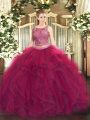 Artistic Fuchsia Scoop Lace Up Beading and Ruffles Quinceanera Dresses Sleeveless