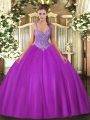 High End Ball Gowns Quinceanera Gowns Fuchsia V-neck Tulle Sleeveless Floor Length Lace Up