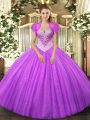 Lilac Ball Gowns Tulle Sweetheart Sleeveless Beading Floor Length Lace Up 15 Quinceanera Dress