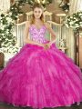 Sleeveless Floor Length Appliques and Ruffles Lace Up Quince Ball Gowns with Fuchsia