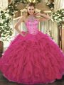 Fabulous Halter Top Sleeveless Lace Up Sweet 16 Quinceanera Dress Hot Pink Organza