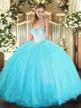 Best Selling Aqua Blue Lace Up Quinceanera Gowns Beading Sleeveless Floor Length