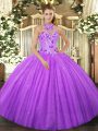 High Quality Halter Top Sleeveless Sweet 16 Dress Floor Length Beading Lavender Tulle
