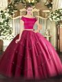 Graceful Off The Shoulder Short Sleeves Tulle Quinceanera Gowns Appliques Zipper