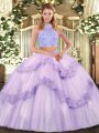 Discount Halter Top Sleeveless Tulle Sweet 16 Dress Beading and Appliques and Ruffles Lace Up
