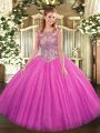 Fuchsia Vestidos de Quinceanera Military Ball and Sweet 16 and Quinceanera with Beading Scoop Sleeveless Lace Up