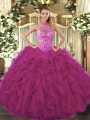 Comfortable Fuchsia Organza Lace Up Sweet 16 Dress Sleeveless Floor Length Beading and Embroidery and Ruffles