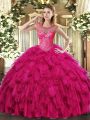 Sleeveless Organza Floor Length Lace Up 15 Quinceanera Dress in Fuchsia with Beading and Ruffles
