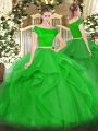 Short Sleeves Tulle Floor Length Zipper Ball Gown Prom Dress in Green with Appliques and Ruffles
