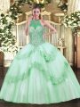 Apple Green Sleeveless Beading and Appliques Floor Length Quince Ball Gowns