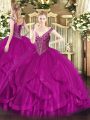 Hot Selling Sleeveless Tulle Floor Length Lace Up 15th Birthday Dress in Fuchsia with Beading and Ruffles