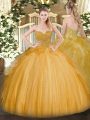 Gold Ball Gowns Sweetheart Sleeveless Tulle Floor Length Lace Up Lace Quince Ball Gowns