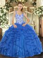 Floor Length Blue Quince Ball Gowns Tulle Sleeveless Beading and Appliques and Ruffles