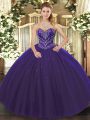 Charming Sweetheart Sleeveless Sweet 16 Dress Floor Length Beading Purple Tulle