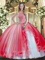 Red Tulle Lace Up 15th Birthday Dress Sleeveless Floor Length Beading and Ruffles
