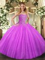 Customized Lilac Tulle Lace Up Sweetheart Sleeveless Floor Length Quince Ball Gowns Beading