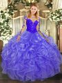 Designer Long Sleeves Floor Length Lace and Ruffles Lace Up Quinceanera Dress with Lavender