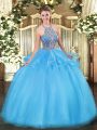 Aqua Blue Lace Up Quinceanera Dress Beading and Ruffles Sleeveless Floor Length