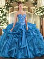 Custom Fit Floor Length Blue 15 Quinceanera Dress Organza Sleeveless Embroidery and Ruffles
