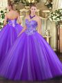 Ideal Eggplant Purple Ball Gowns Sweetheart Sleeveless Tulle Floor Length Lace Up Appliques Ball Gown Prom Dress