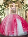 Coral Red Tulle Lace Up Scoop Sleeveless Floor Length Quinceanera Dress Beading and Ruffles