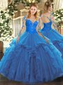 Ball Gowns Sweet 16 Quinceanera Dress Blue Scoop Tulle Long Sleeves Floor Length Lace Up