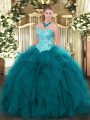 Nice Teal Sleeveless Organza Lace Up 15th Birthday Dress for Military Ball and Sweet 16 and Quinceanera