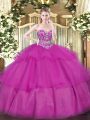 Custom Made Organza Sleeveless Floor Length Quinceanera Gown and Beading and Ruffled Layers